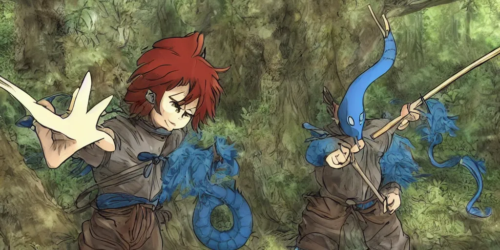 Image similar to Eragon is hunting with his bow in the forest, he finds a blue dragon egg, anime style