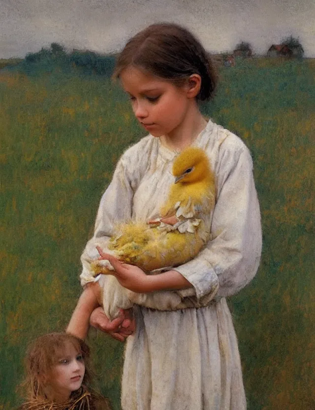 Image similar to portrait of little peasant girl holding chick in her hands, cottage core, cinematic focus, polaroid photo bleached vintage pastel colors high - key lighting, soft lights, foggy, by steve hanks, by lisa yuskavage, by serov valentin, by tarkovsky, 8 detailed, oil on canvas