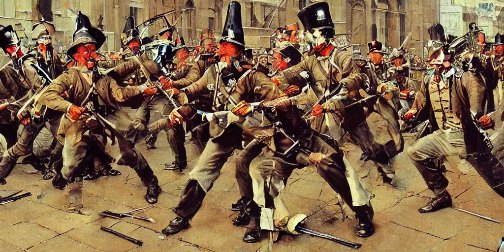 Image similar to detailed painting of the battle of new orleans with dancing soldiers by norman rockwell