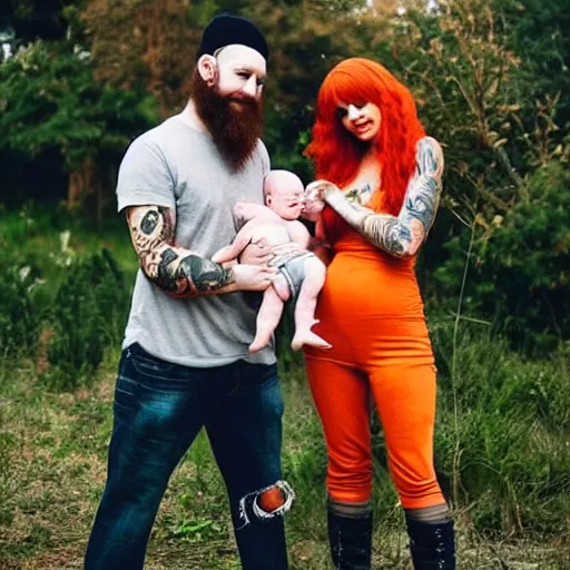 Image similar to photo of a slender attractive couple. The woman has long straight red orange hair. The man has a dark thick neatly groomed beard and tattoos. They are holding a giant corn and a cute baby.