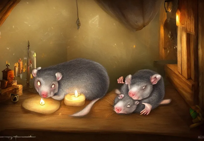 Prompt: cute hatted possum sleeping inside a bed in a medieval cluttered cottage at night under the dim light of a candle, dark fantasy, dreaming illusion, trending on artstation