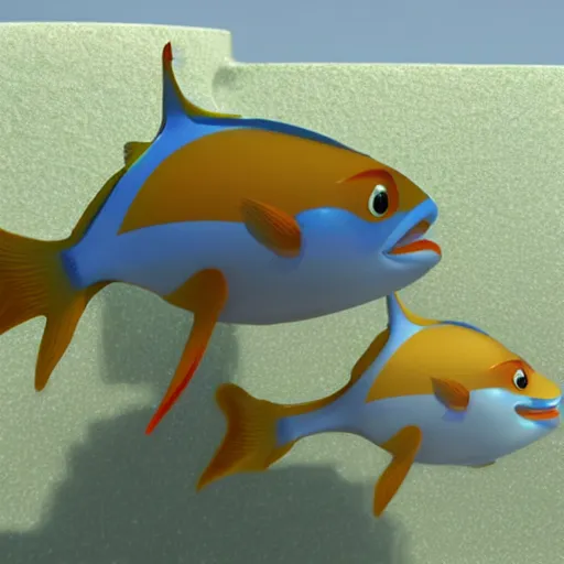 Image similar to a 3d render of two fish underwater watching a boat , in the style of a pixar cartoon, disney cartoon