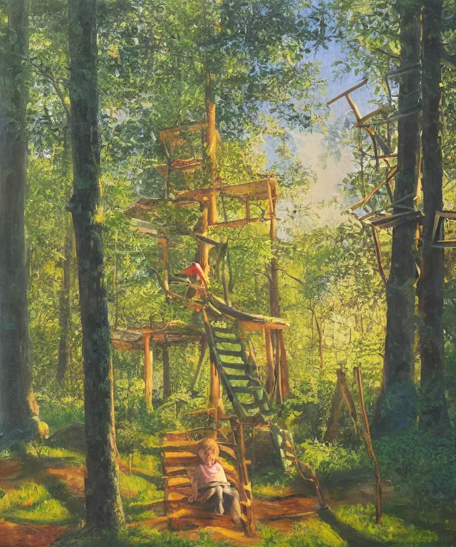 Image similar to masterful oil on canvas painting, eye - level view, shot from 5 0 feet distance, of a kid playing in a treehouse. in the background is a whimsical forest. golden hour, detailed, depth, volume, chiaroscuro, quiet intensity, vivid color palette.