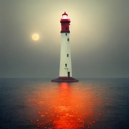 Prompt: lonely lighthouse in a red moon shaped pool, style by ayvazovsky and stanley kubrick, cinematic lighting, more details, hyper realistic,
