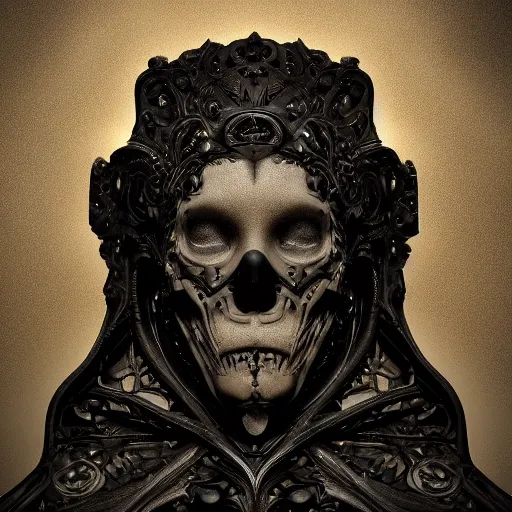 Prompt: a face made of black cast iron. black background. gothic baroque. symmetry. epic. ominous shapes. hyper detailed. photoreal. octane render. trending on artstation.