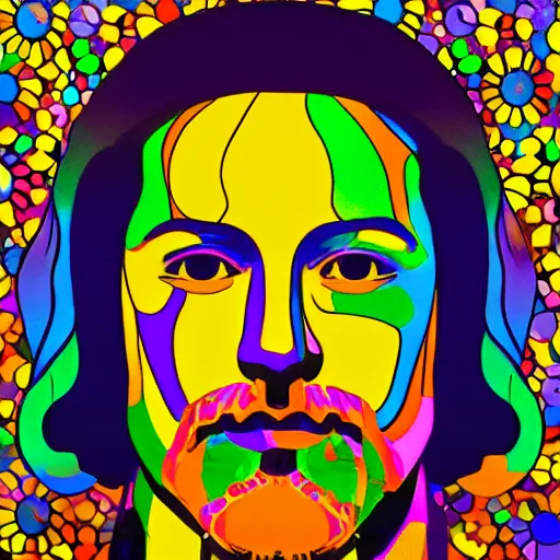 Image similar to a photograph of psychedelic Jesus in the 1960s, digital art in the style of Takashi Murakami