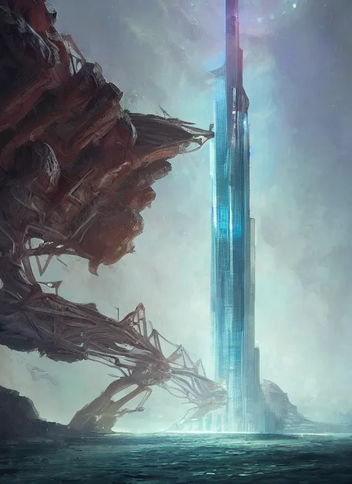 Image similar to A beautiful digital painting of a science fiction tower, crystal lake, by Stanley Artgerm Lau, Rossdraws, James Jean, gerald brom, Andrei Riabovitchev, Marc Simonetti, and Sakimichan, trending on artstation