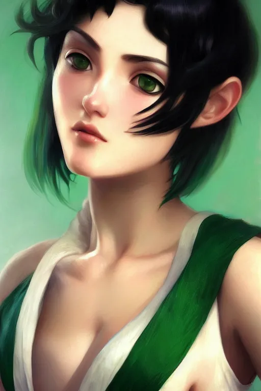 Prompt: fubuki, short green hair, green eyes, digital art from artstation by artgerm and william - adolphe bouguereau, hd, 4 k