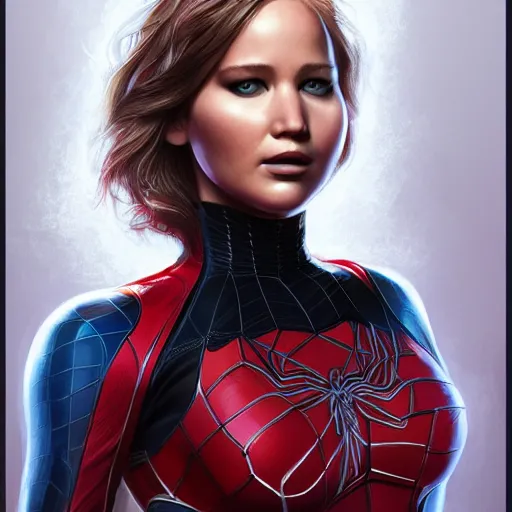 Prompt: Jennifer Lawrence as spiderwoman, intricate, highly detailed, digital painting, artstation, concept art, smooth, sharp focus, illustration, Unreal Engine 5, 8K, artgerm, rutkowski, mucha