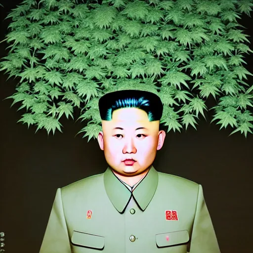 Prompt: araki nobuyoshi style photography of realistic detailed north korean kim chen with detailed face smelling detailed weed bush in detailed basement bedroom ultraviolet light