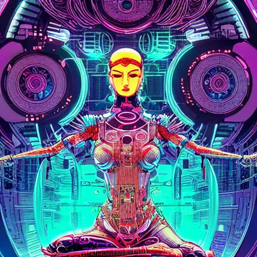 Prompt: a portrait of a beautiful cybernetic woman meditating in lotus pose, wires, cyberpunk concept art by josan gonzales and philippe druillet and dan mumford and enki bilal and jean claude meziere