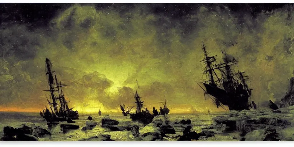 Image similar to Baroque Painting of a Pirate ship stuck in ice on cold sea by Ilya Repin. star lit sky, ultra realistic. Northern lights, Cinematic composition