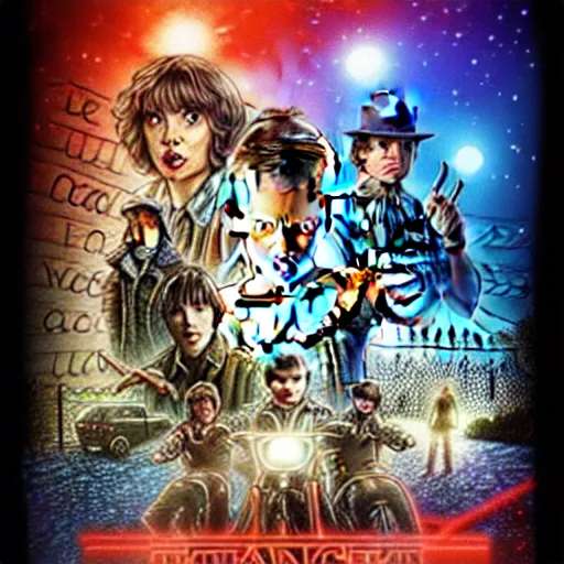 Prompt: stranger things new season poster, artstation hall of fame gallery, editors choice, # 1 digital painting of all time, most beautiful image ever created, emotionally evocative, greatest art ever made, lifetime achievement magnum opus masterpiece, the most amazing breathtaking image with the deepest message ever painted, a thing of beauty beyond imagination or words