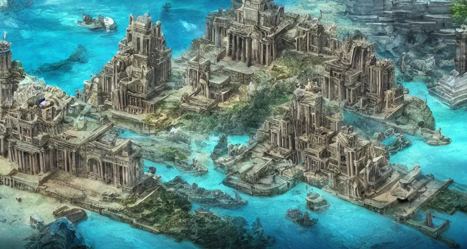 Image similar to a magnificent underwater photo of the lost city of Atlantis, landscape, fully built buildings, hyper detailed, 4K