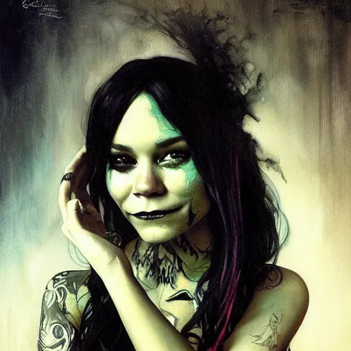 Image similar to beautiful portrait of vanessa hudgens as death from sandman, smiling, by cedric peyravernay, alphonse mucha, by jeremy mann, by lecouffe deharme, goth chic, soft lightning, eyeliner, punk rock, high detailed, 8 k