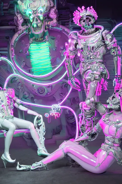 Prompt: full-body rococo and cyberpunk style neon statue of a muscular attractive Roberto macho dotado e rico android sim roupa reclining con las piernas abertas e la piroca dura, glowing white laser eyes, prince crown of pink gears, diamonds, swirling silver-colored silk fabric. futuristic elements. full-length view. space robots. human skulls. intricate artwork by caravaggio. Trending on artstation, octane render, cinematic lighting from the right, hyper realism, octane render, 8k, depth of field, 3D