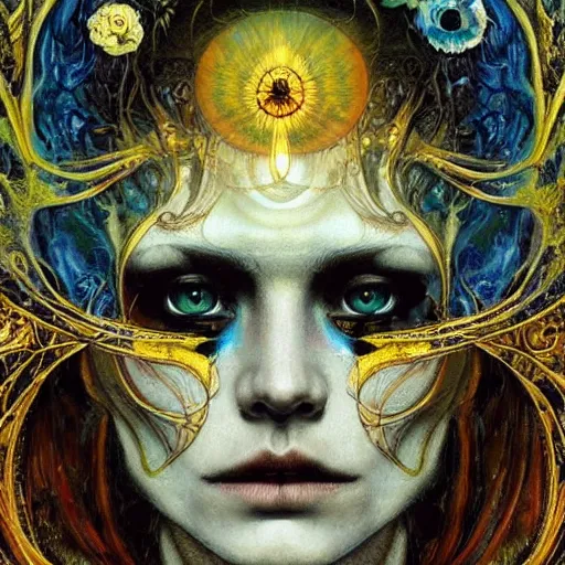 Image similar to Memento Mori by Karol Bak, Jean Deville, Gustav Klimt, and Vincent Van Gogh, beautiful visionary mystical portrait, otherworldly, fractal structures, ornate gilded medieval icon, third eye, spirals, sugar skull