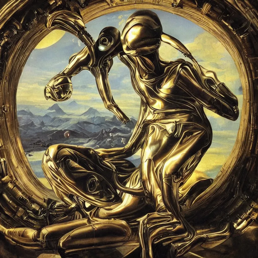 Prompt: futuristic alien reaching through a framed painting, pulp sci - fi art for omni magazine. high contrast. baroque period, oil on canvas. renaissance masterpiece