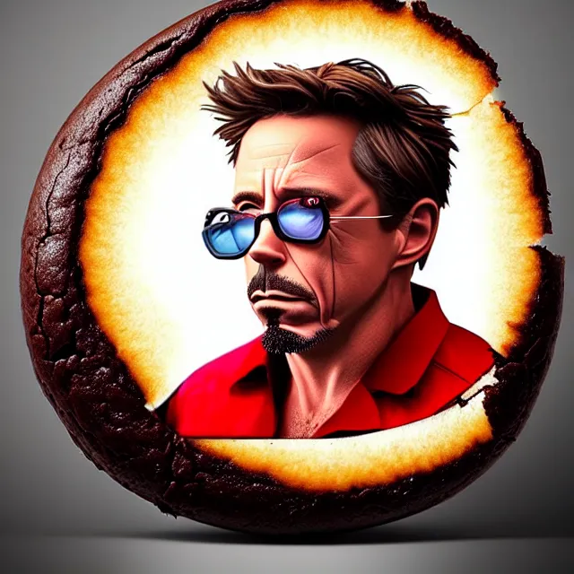 Image similar to epic professional digital art of robert downie jr. in the shape of a brownie, award winning food photo,, artstation, cgsociety, epic, stunning, gorgeous, much wow, much detail