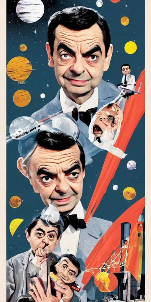 Prompt: criterion collection Poster art for the film Mr. Bean goes to Space