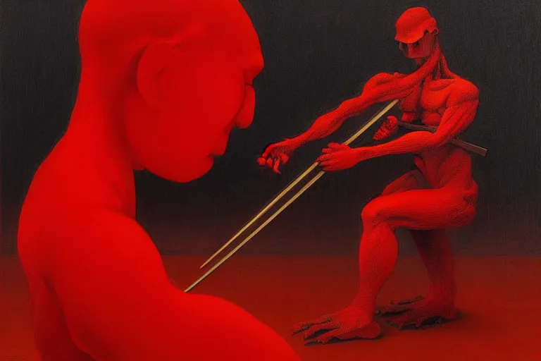 Image similar to only with red, a red samurai do seppuku, tokio, a lot of frogs watch, in the style of beksinski, parts by edward hopper, parts by rodcenko, parts by yue minjun, intricate and epic composition, red by caravaggio, insanely quality, highly detailed, masterpiece, red light, artstation, 4 k