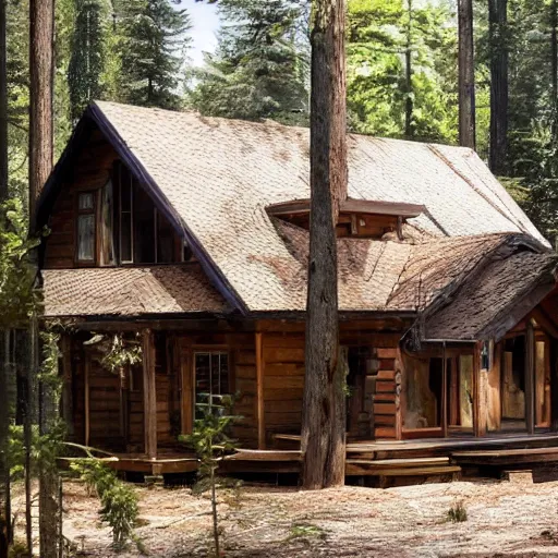 Image similar to angelina jolie as a a beautiful wood cabin in the forest