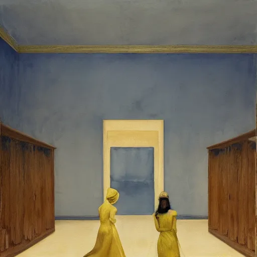 Image similar to procession of women in a blue and gold haunted liminal abandoned temple, watercolor by gottfried helnwein, by hammershøi, art noveau, highly detailed, lights by edward hopper, liminal, eerie, bright pastel colors