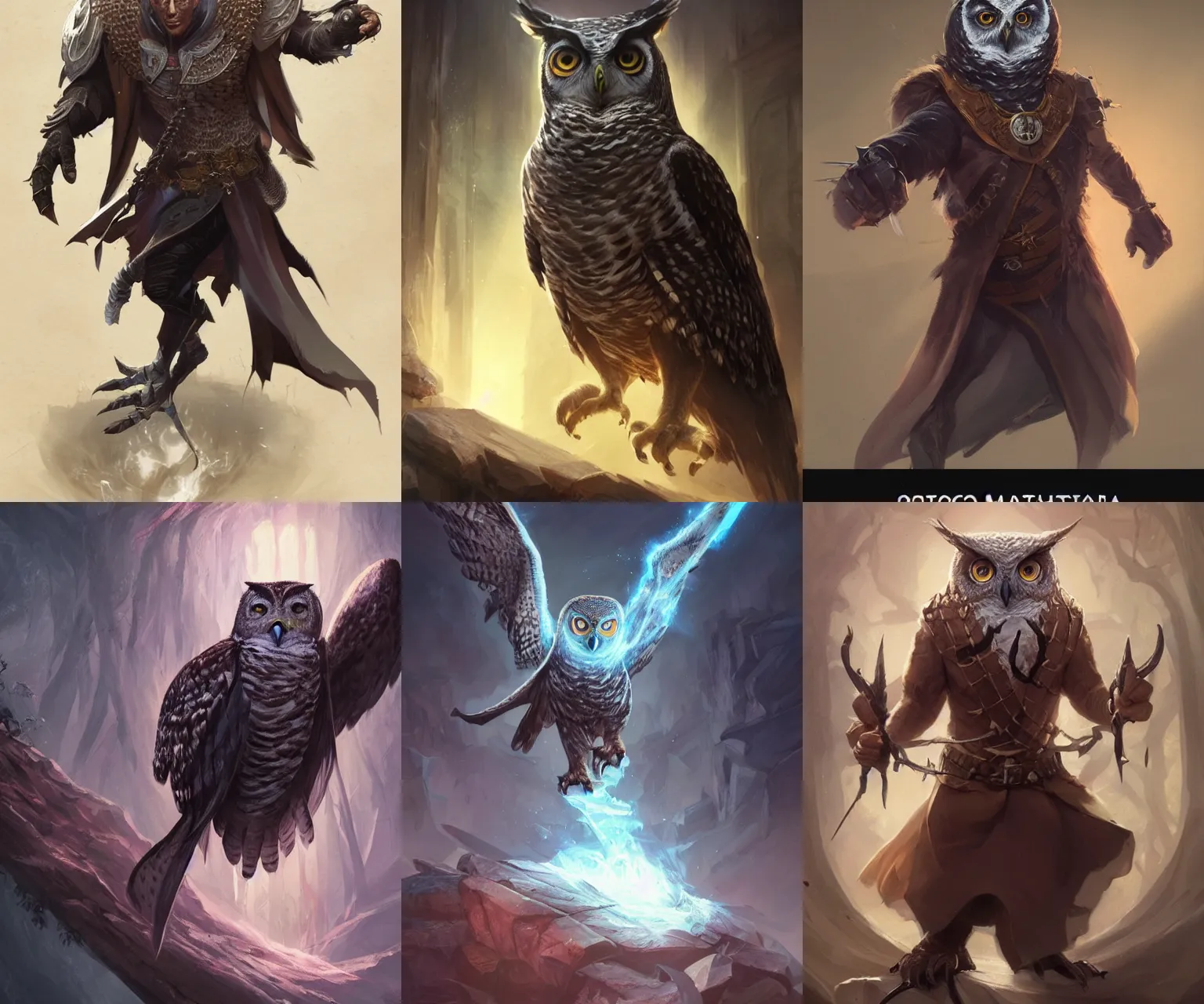 Prompt: Steps 100 a DnD character card of a powerful owl man who is headmaster of a magic school, one of his eyes is scratched, hyperdetailed concept art by Ross Tran and Greg Rutkowski, high quality DnD illustration, trending on ArtStationHQ, 8k