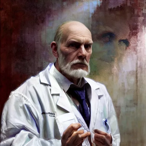 Image similar to hyperrealist portrait of a thin mean old man with a lab coat standing in front of a computer simulation by jeremy mann and alphonse mucha, fantasy art, photo realistic, dynamic lighting, artstation, poster, volumetric lighting, very detailed faces, award winning