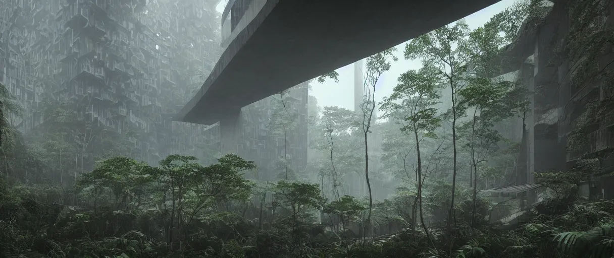 Image similar to brutalist architecture inspired by louis kahn deep in the rainforest. nature is taking over. matte painting by ivan laliashvili. unreal engine 5 render. color scheme blueish. hard shadows. cinematic.