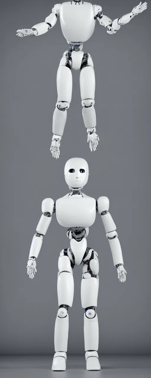 Prompt: standing in front of a white background is a highly realistic and detailed humanoid robot in human body form