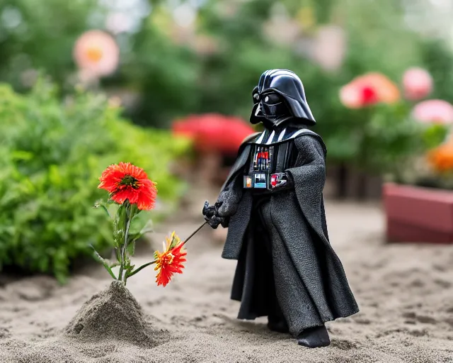 Prompt: 8 5 mm photography of darth vader playing with toys near a garden with sand with dof and bokeh and flowers