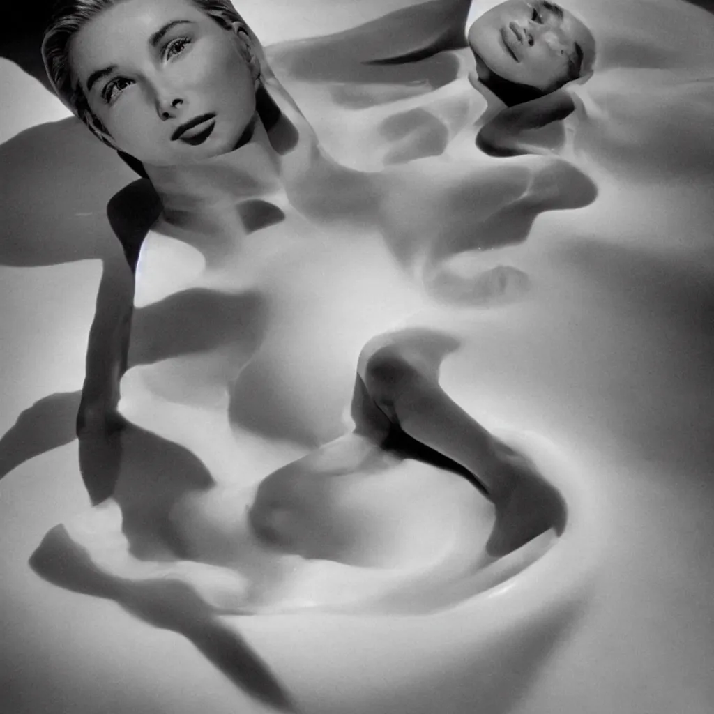 Image similar to Herb Ritts high-contrast color photo of Grace Kelly emerging from a milk bath, vignette, grainy film, shallow depth of field