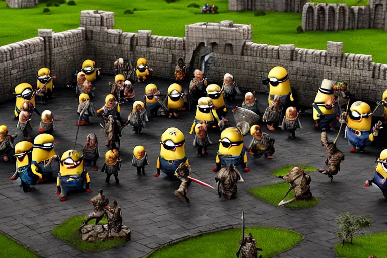 Image similar to diorama of minions fighting orcs in the battle of helm's deep, giant castle walls, realistic, 4 k, detailed