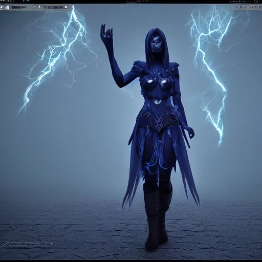Image similar to character design, dark arcanist, blue lightning, blue mist, fog, scary, photorealistic, unreal engine