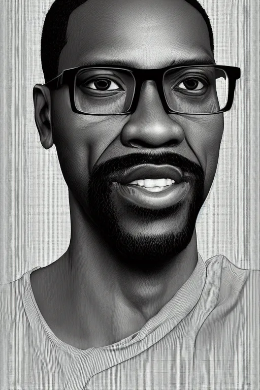 Prompt: Earl, a fit 40 year old african-american software engineer with low fade haircut and slight condescending smirk, neatly trimmed black and grey beard, wearing square wire frame glasses, medium shot portrait, full color digital illustration, octane render trending on arstation by artgerm, raphaelite and alphonse mucha