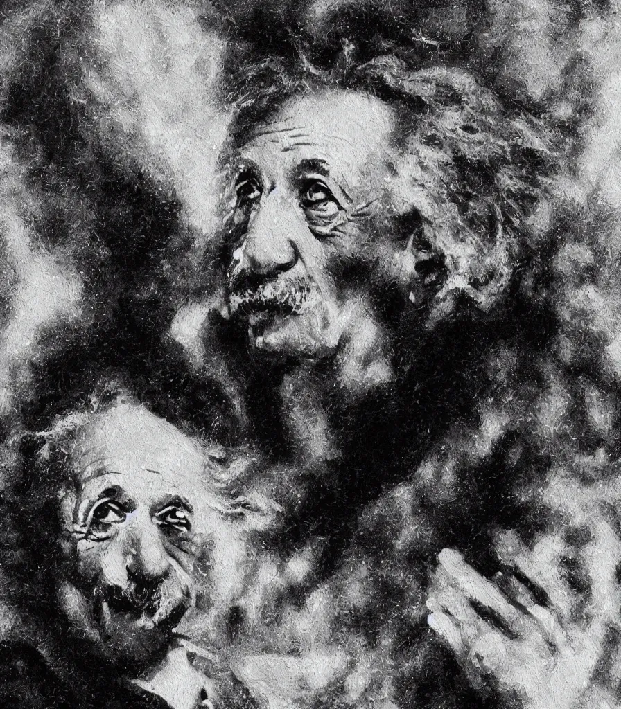 Image similar to an impasto oil painting of albert einstein!! by leonadro da vinci, black and white colors, high detail, 4 k resolution, smooth colors, masterpiece, artstation