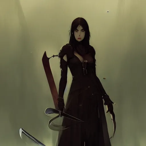 Image similar to female human vampire witch holding a sword, in the style of greg rutkowski, makoto shinkai, trending on artstation, character design, concept art, pretty face, forward facing, highly detailed, digital art, seed : 1 9 2 6 2 5 9 4 0 7