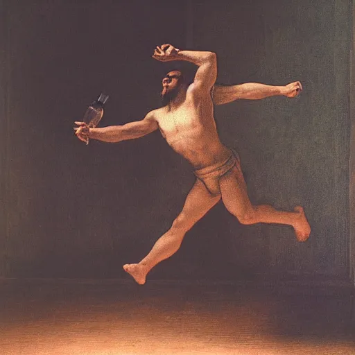 Image similar to a man boisterously dancing around the room by himself holding a single empty bottle as he jumps in the air, fine detail, dramatic lighting, award-winning photo UHD, 4K, by (Leonardo da Vinci)