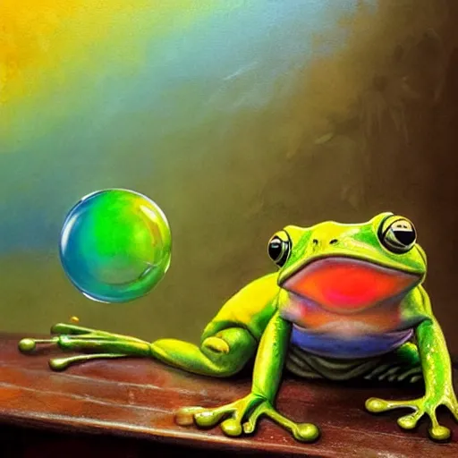 Prompt: long shot of a very cute frog playing with a rainbow glas balls, concept art, by esao andrews, by m. w. kaluta, volumetric light, surrealism, rich colors, very humorous!!! oil painting, realistic reflections, smooth, depth perception, high depth of field, 4 k, unreal engine 5, ultradetailed, hyperrealistic, artstation