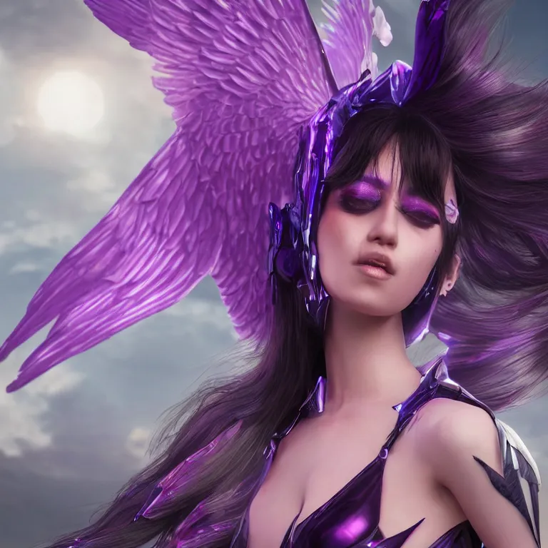 Prompt: closeup 1 asia girl nora _ kyzy with neon cyberangel wings, ritual tattoes cover her purple skin in a superherione pose, draped iridescent silk outfit flowing in the wind by greg rutkowski, by artgerm, digital art, redshift render, hyperrealistic, ray - tracing