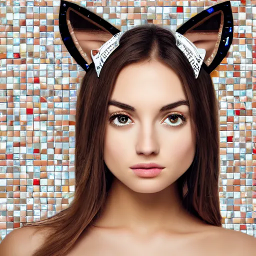 Image similar to portrait mosaic of a beautiful cute girl with robot ears and eyes, 4k, intricate details