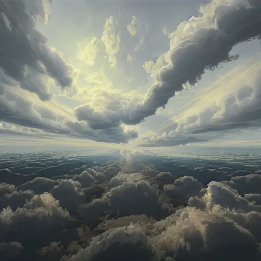 Prompt: Masterpiece Art demo of immense grandeur clouds in three point perspective. three point perspective. three point perspective. Matte painting. Oil on canvas. Digital art. Fantastic intriguing mysterious lighting. Glorious. Trending on artstation.