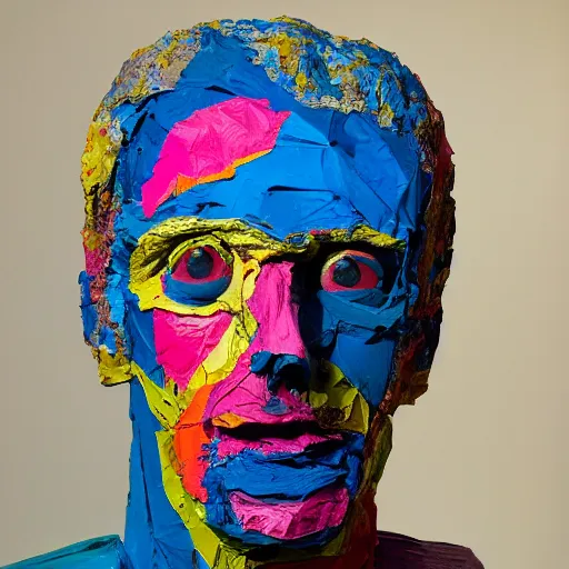 Image similar to a photograph of a man made entirely of colorful papier mache