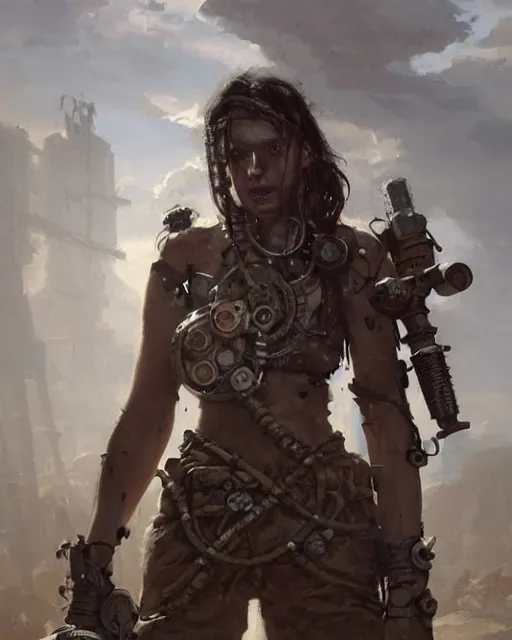 Image similar to hyper realistic portrait of postapocalyptic death cult monk cyborg girl with sword and shield, beads, gears, machineparts, cinematic, artstation, cgsociety, greg rutkowski, james gurney, mignola, craig mullins, brom vray, redshift, octane