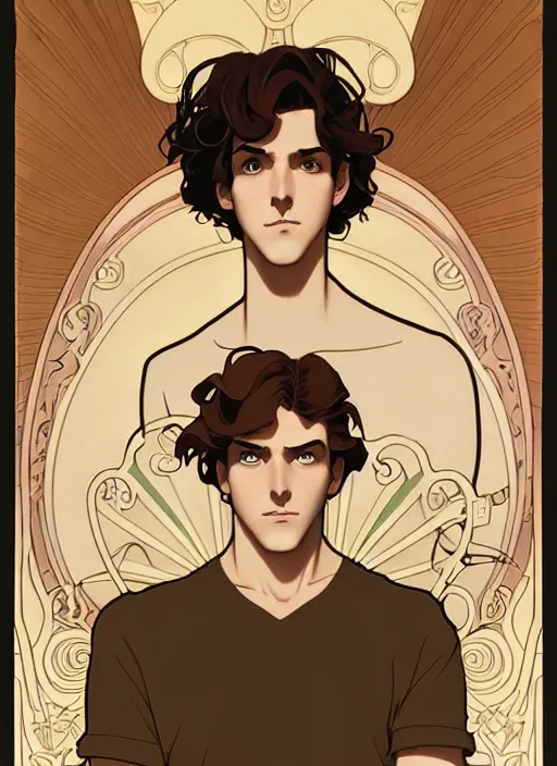 Image similar to art nouveau portrait of a handsome young man with curly medium length light brown hair, brown eyes, serious facial expression, gloomy mood, annoyed, t - shirt, natural lighting, path traced, highly detailed, high quality, cartoon, digital painting, by don bluth and ross tran and studio ghibli and alphonse mucha