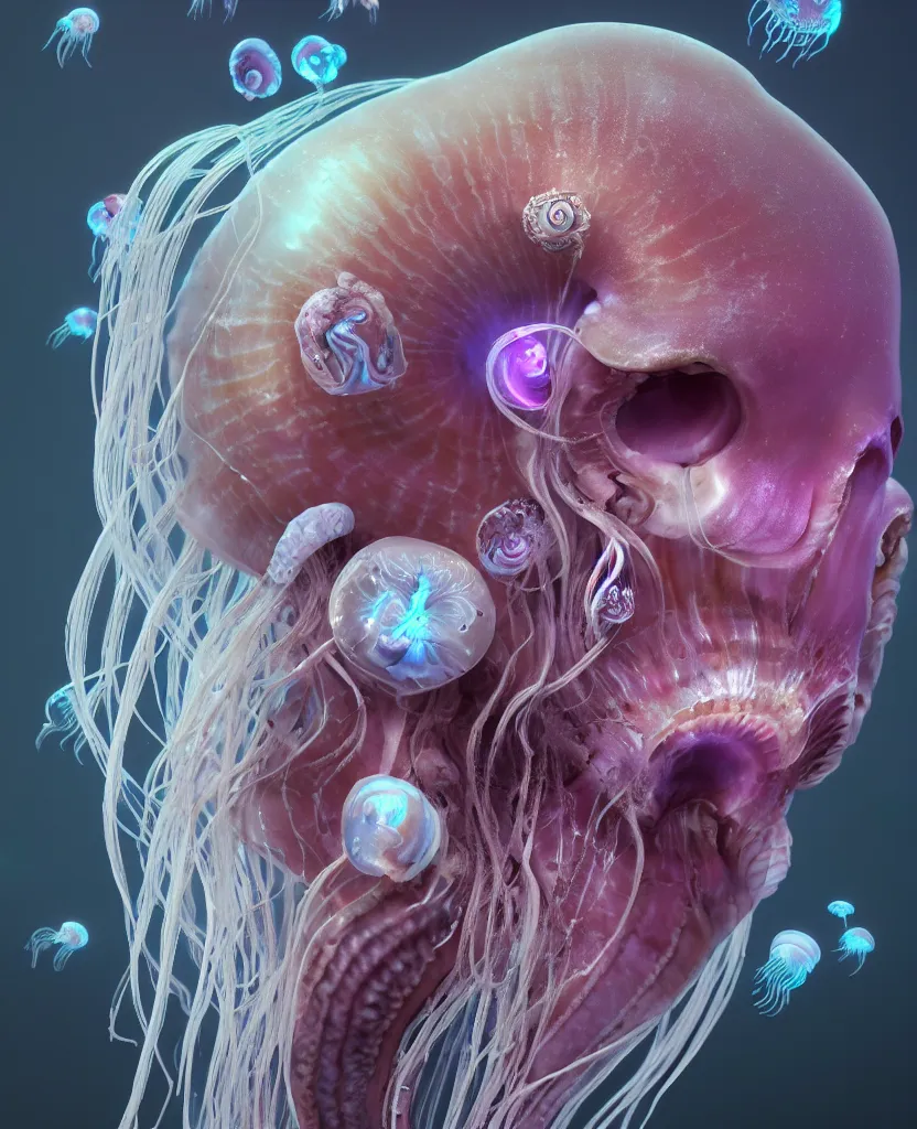 Image similar to goddess princess face close-up portrait ram skull. jellyfish phoenix head, nautilus, orchid, skull, betta fish, bioluminiscent creatures, intricate artwork by Tooth Wu and wlop and beeple. octane render, trending on artstation, greg rutkowski very coherent symmetrical artwork. cinematic, hyper realism, high detail, octane render, 8k