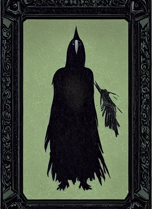 Image similar to portrait centered on a raven in a vantablack cloak and holding a symbolic weapon. painting in the style of symbolism. portrait hung up in a windows 9 8 wallpaper. r / oldschoolfantasy