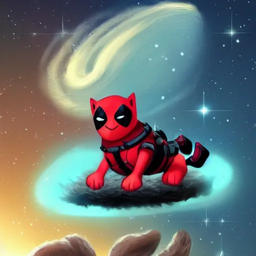 Prompt: deadpool riding on fluffy cat in space trending on artstation