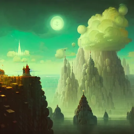 Image similar to cloud king rests on high nimbus spires in this sky palace lord of all the vast kingdom. simon stalenhag ilya repin greg danton brian sum max bedulenko igor krstic james suret pascal blanche illustration unreal engine render